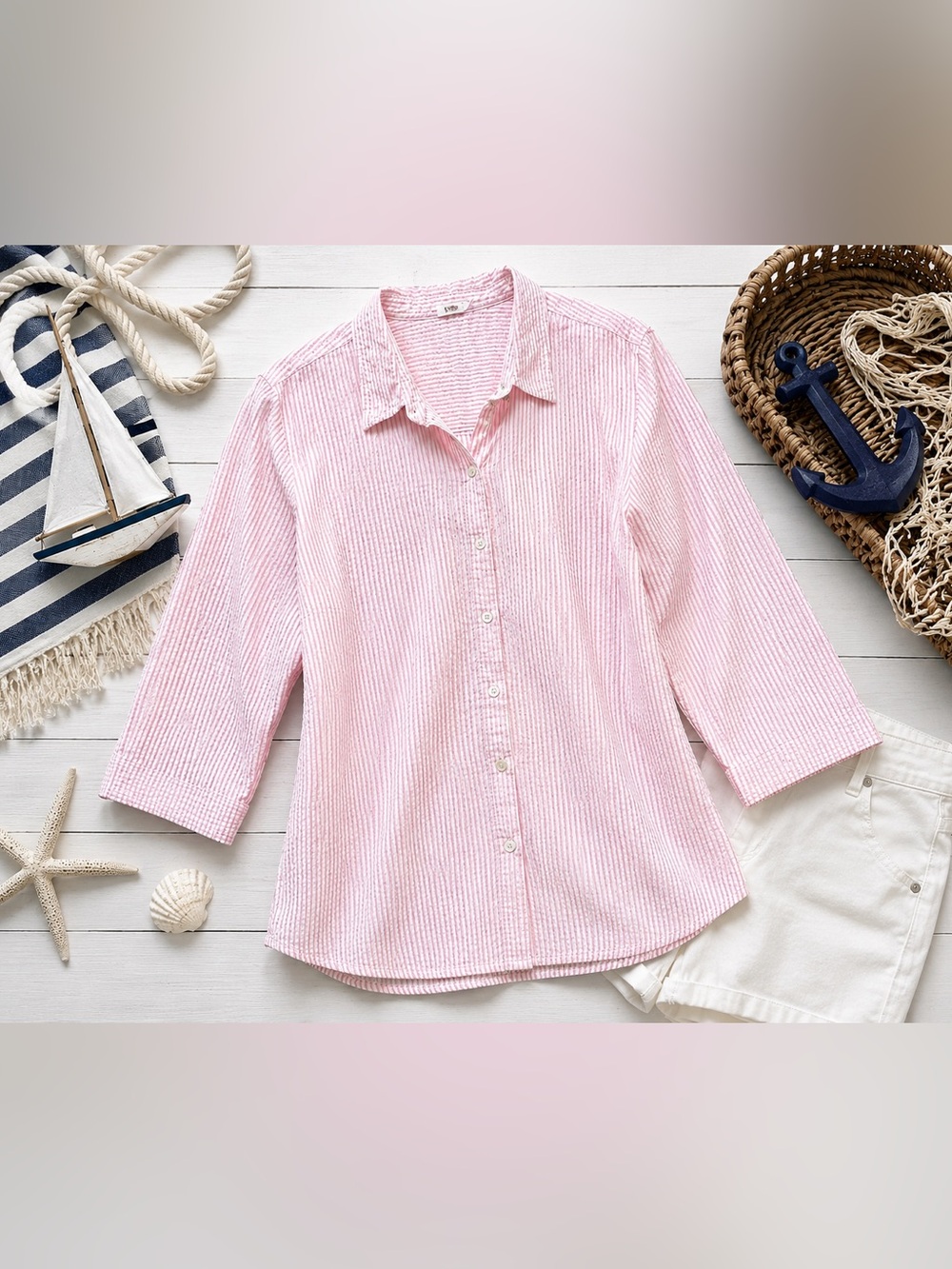 L.L.Bean Pink White Seersucker Button Front Shirt 2X 3/4 Sleeve Cotton